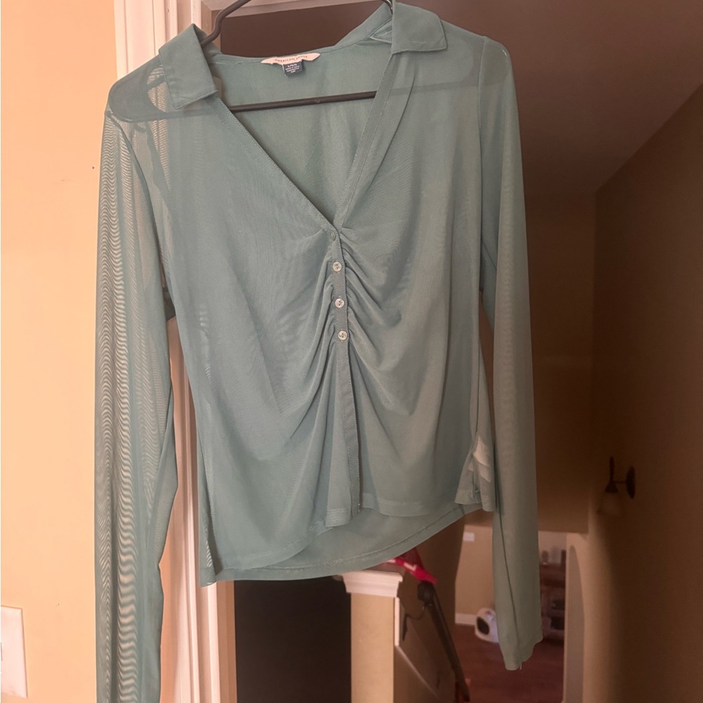 Sheer Green Long Sleeve Women's Top
